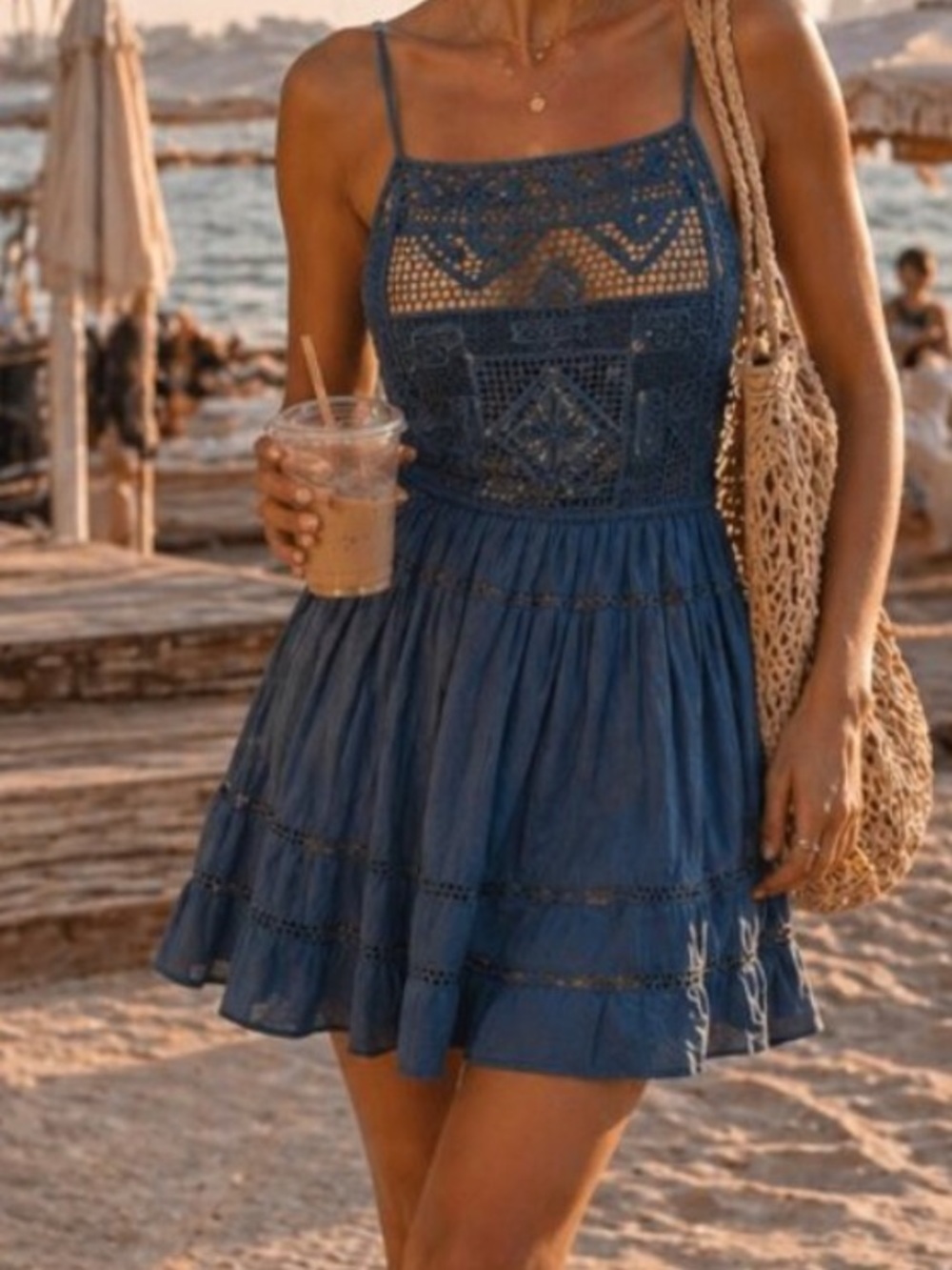 Free People Blue Crochet Lace Mini Dress Boho Tiered S